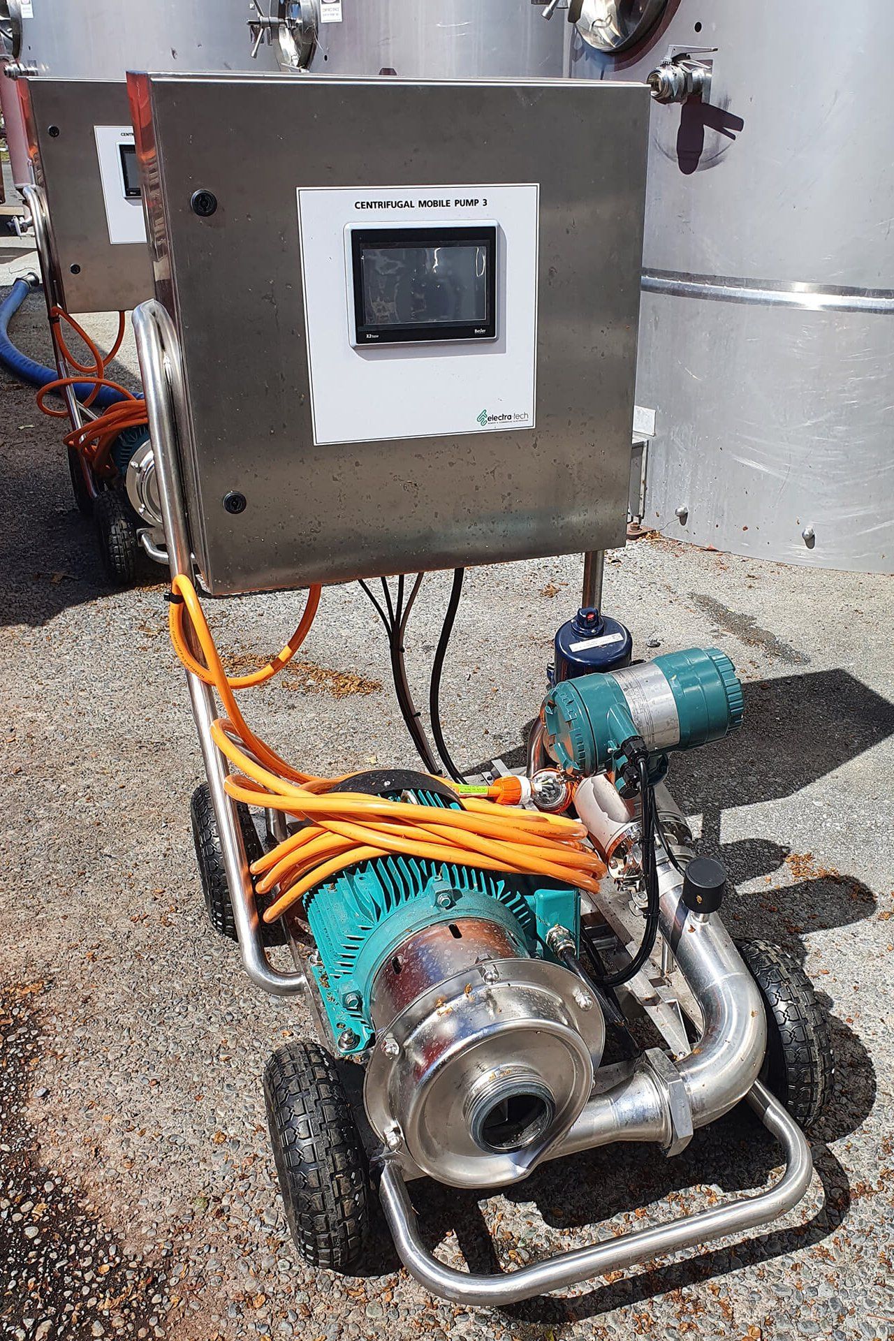 Stainless steel filter trolley for winery centrifugal pump, fabricated by GME Tradetech Engineering in Blenheim, Marlborough