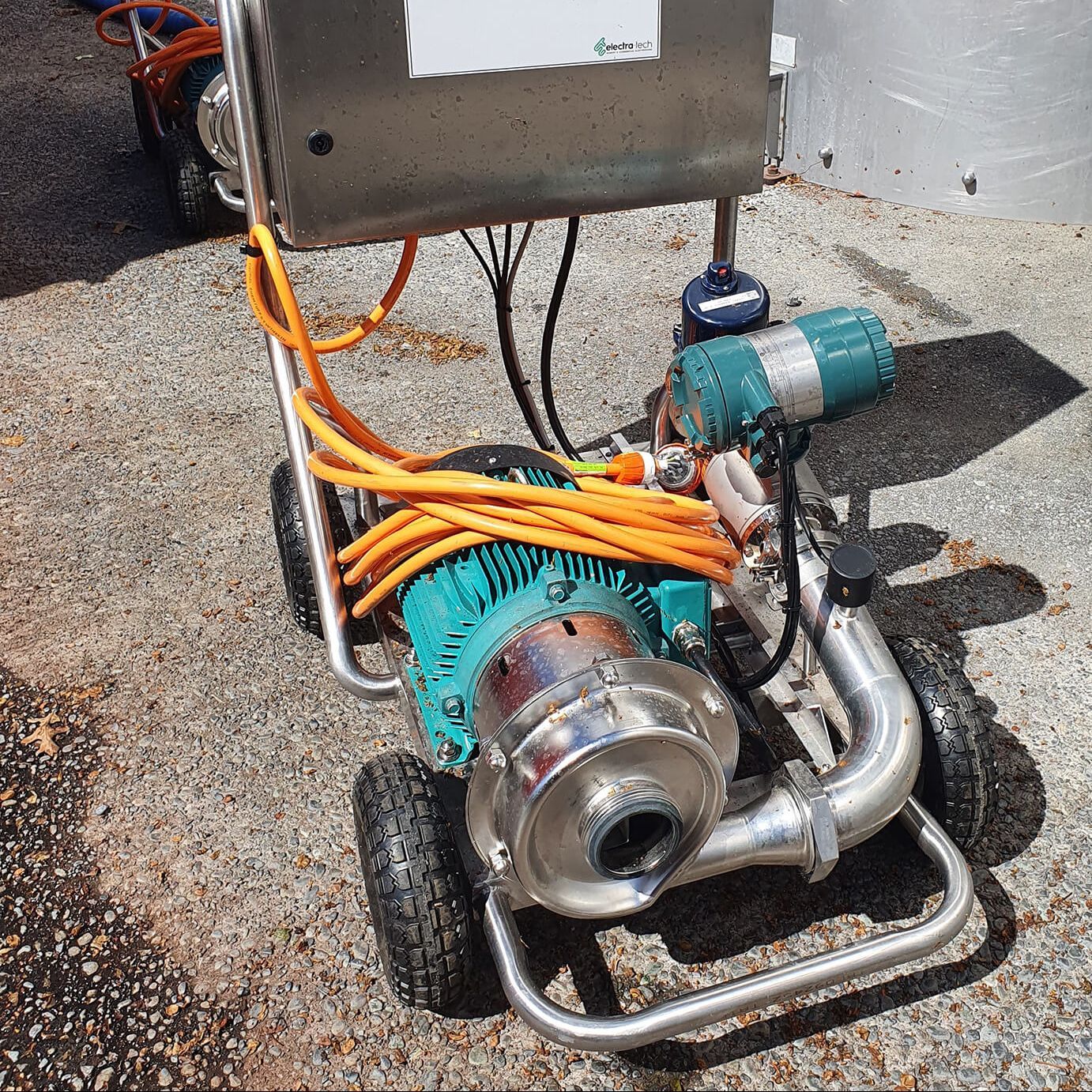 Stainless steel filter trolley for centrifugal pump, fabricated by GME Tradetech Engineering in Blenheim, Marlborough