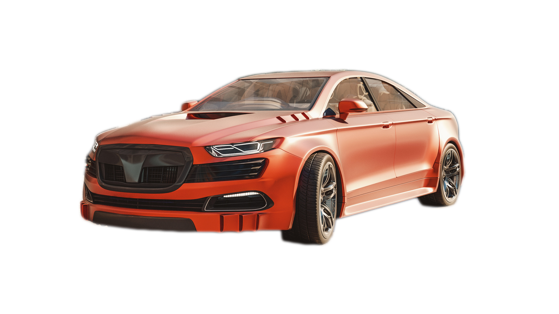 Red sports car with black rims, angled against a white background.