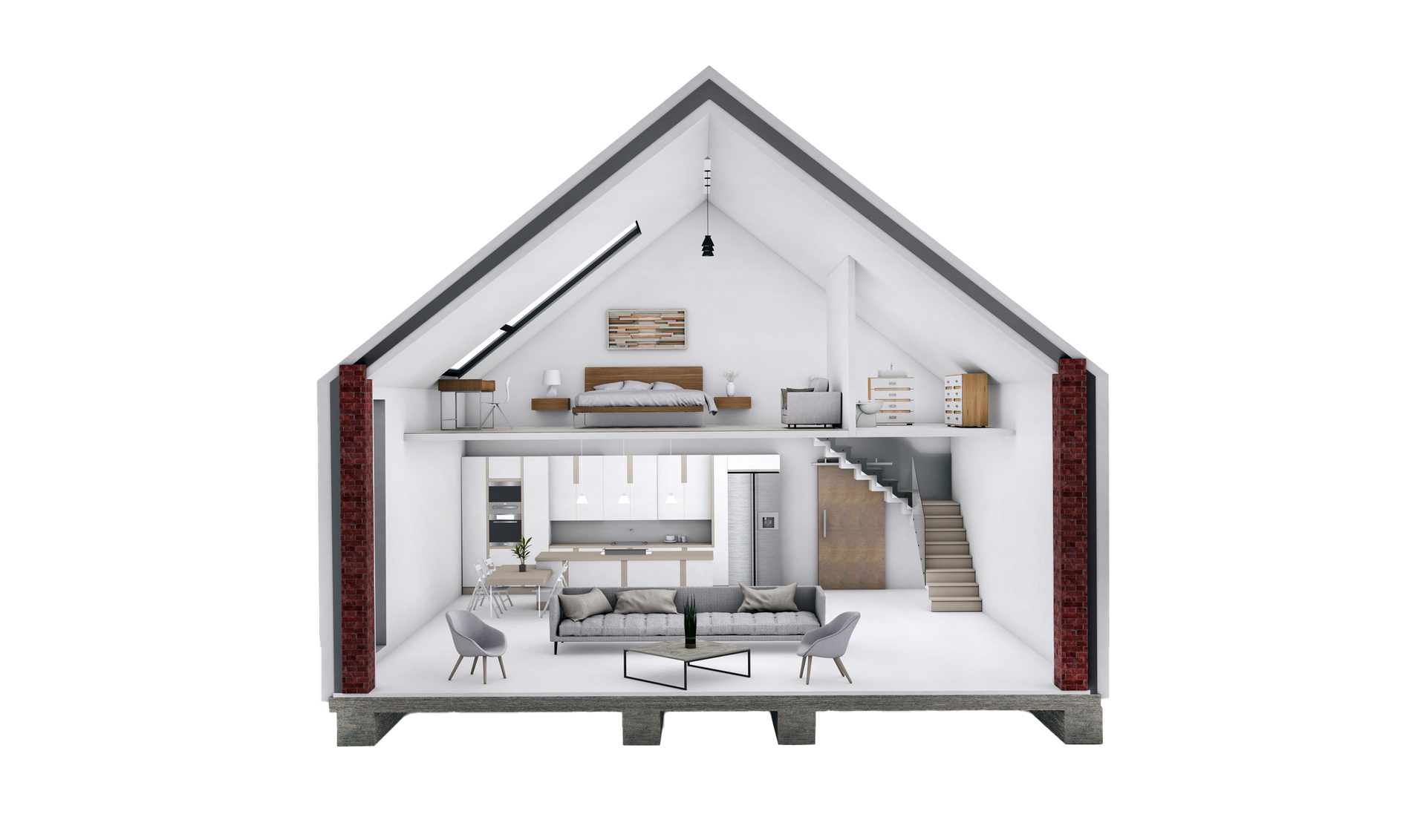 Cross-section of modern house interior: living room, kitchen, bedroom, stairs, and exposed brick accents.
