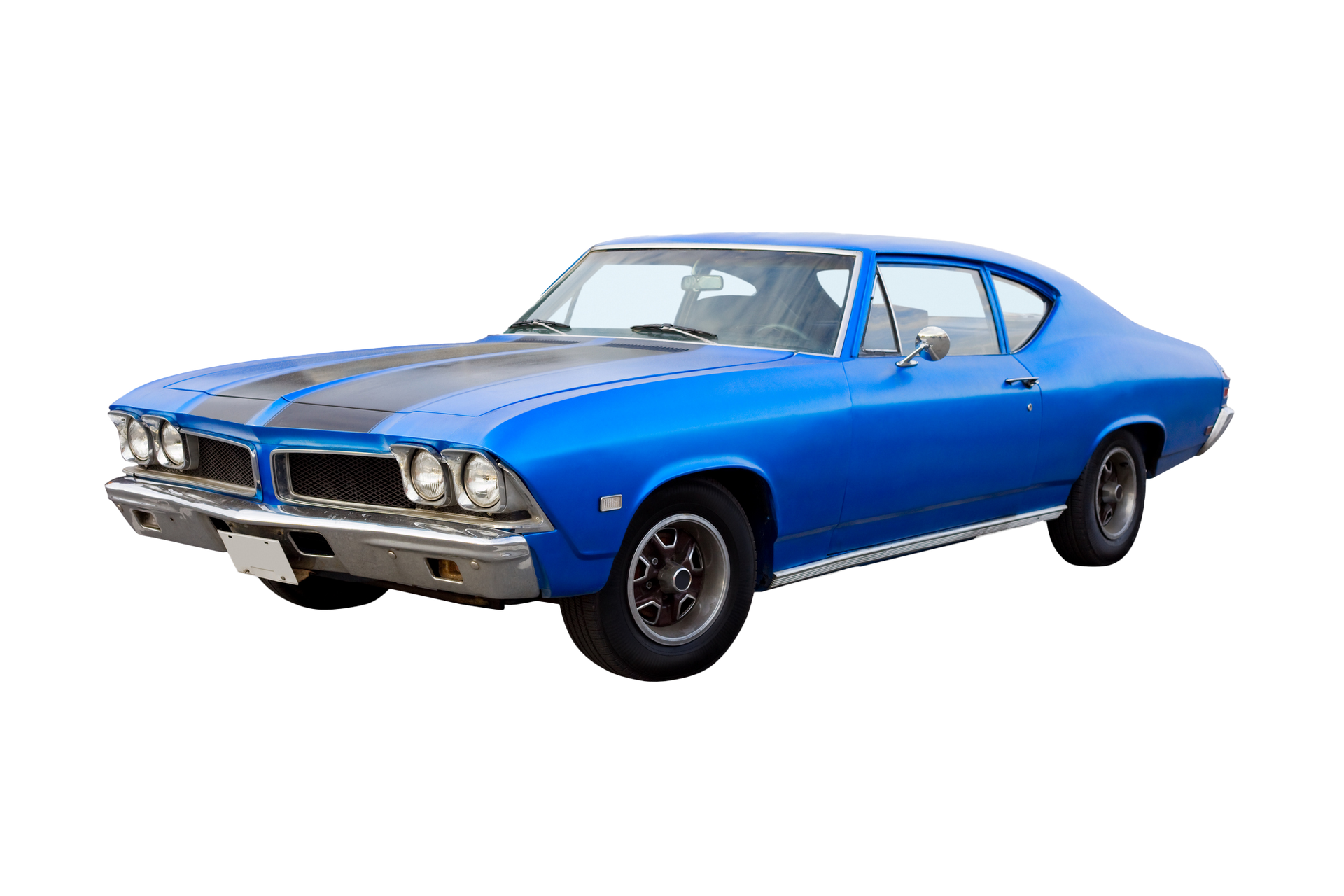 Blue classic muscle car with black racing stripes on the hood.