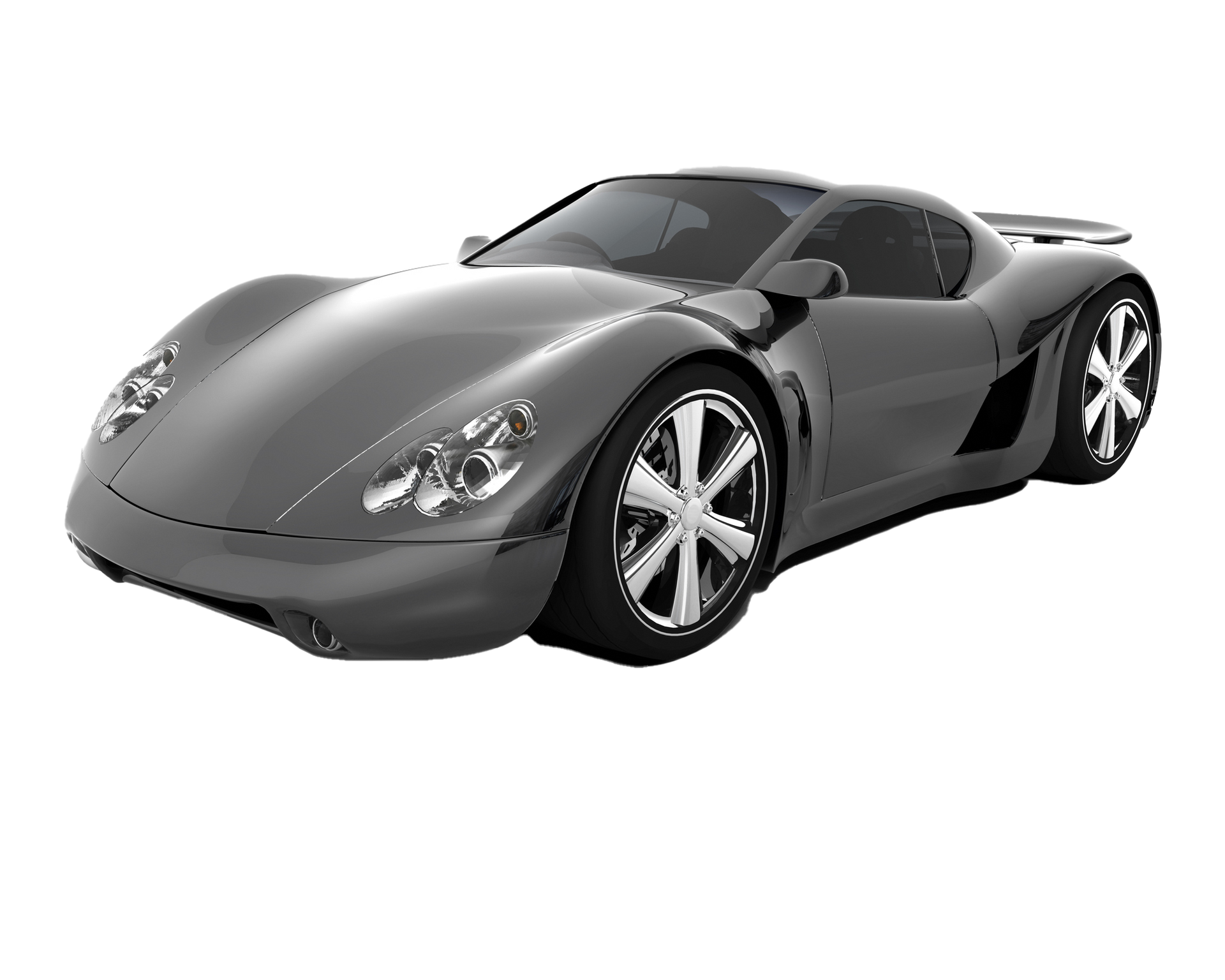 Gray sports car with silver rims on a white background.