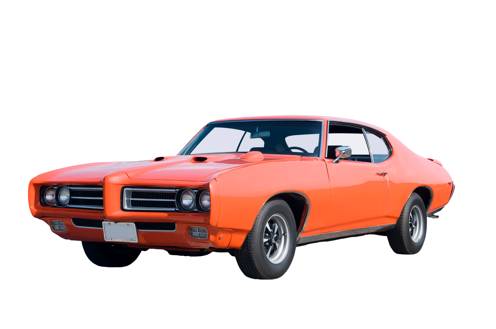 Orange classic Pontiac GTO muscle car, black wheels, on white background.