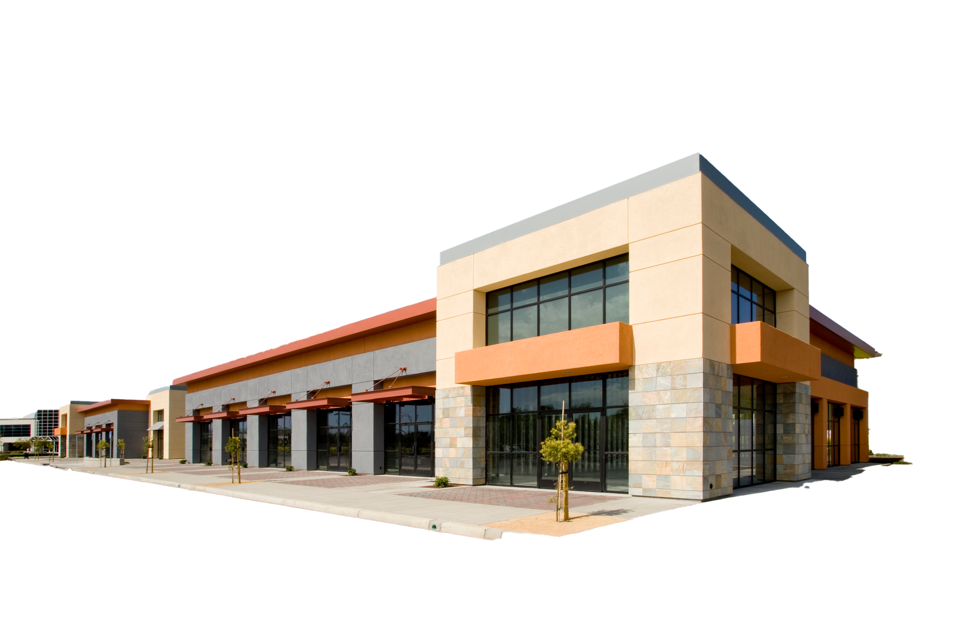 Modern commercial building with tan walls, large windows, and orange accents, set against a white background.