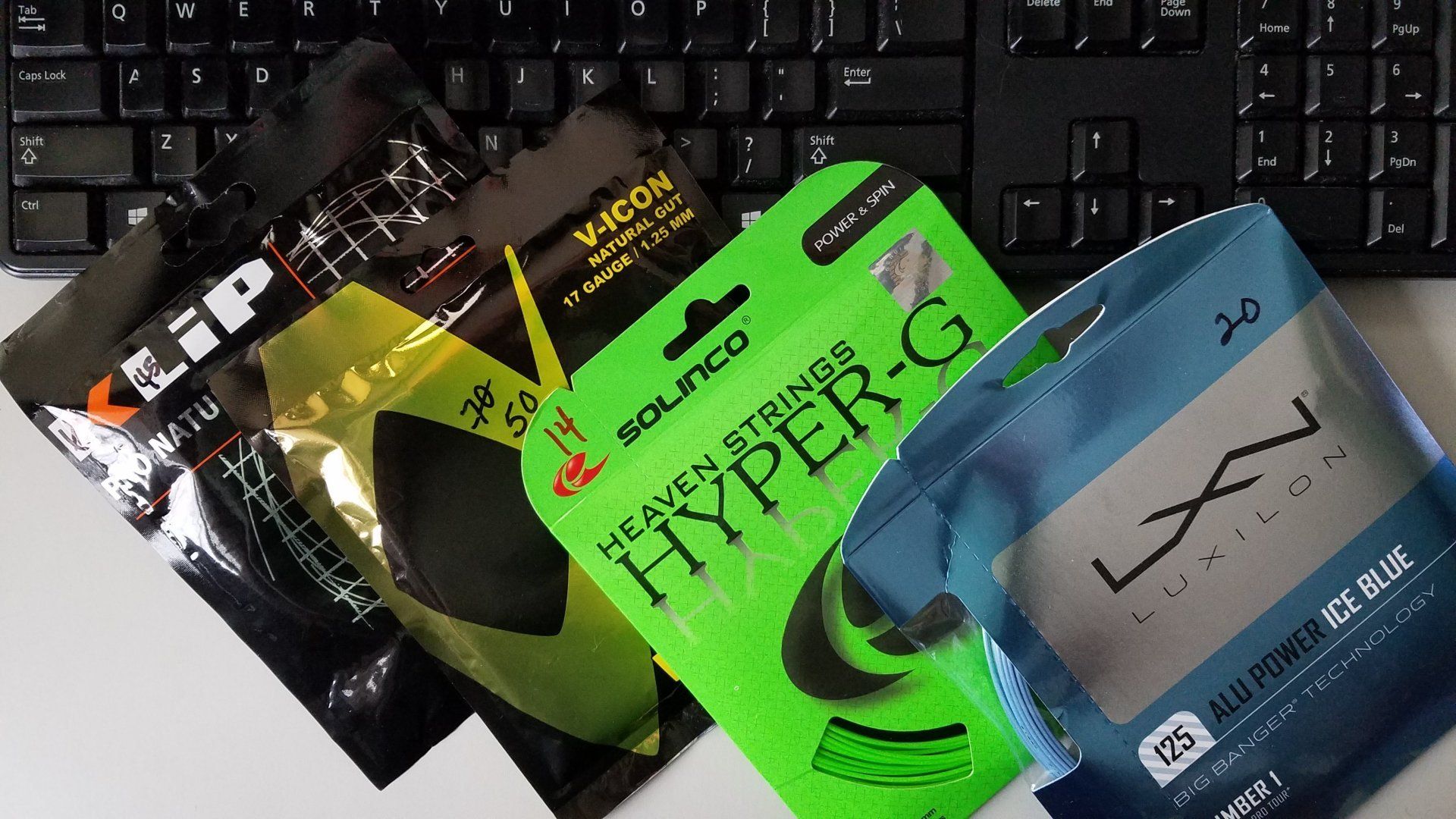 Various tennis strings typically available