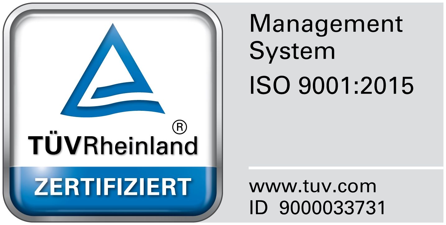 Ein blau-weißes Logo mit der Aufschrift „Managementsystem ISO 9001 2015“