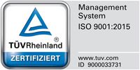 Ein blau-weißes Logo mit der Aufschrift „Managementsystem ISO 9001 2015“