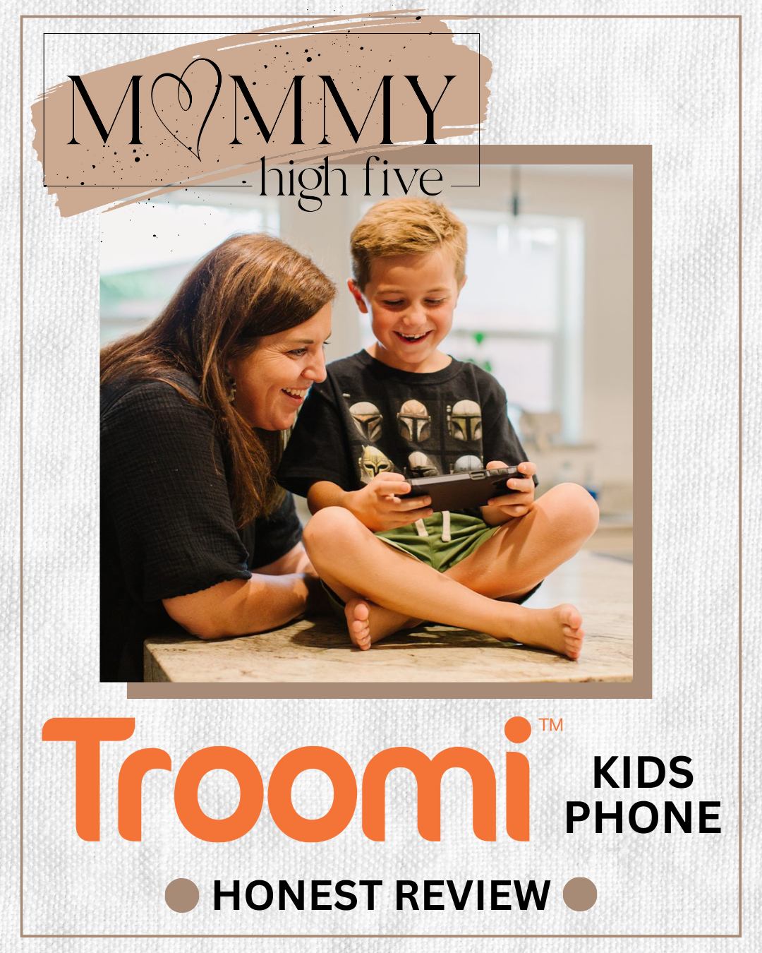 A heartwarming social media post featuring a mom and her son sitting on a kitchen counter, using the Troomi Smartphone. The caption, 'Troomi Smartphone Honest Review,' indicates Mommy High Five's commitment to providing honest and insightful product reviews. Rawlings Media showcases their ability to capture authentic moments and convey the value of products through engaging visuals. This post invites parents to learn more about the Troomi Smartphone and make informed decisions for their families.