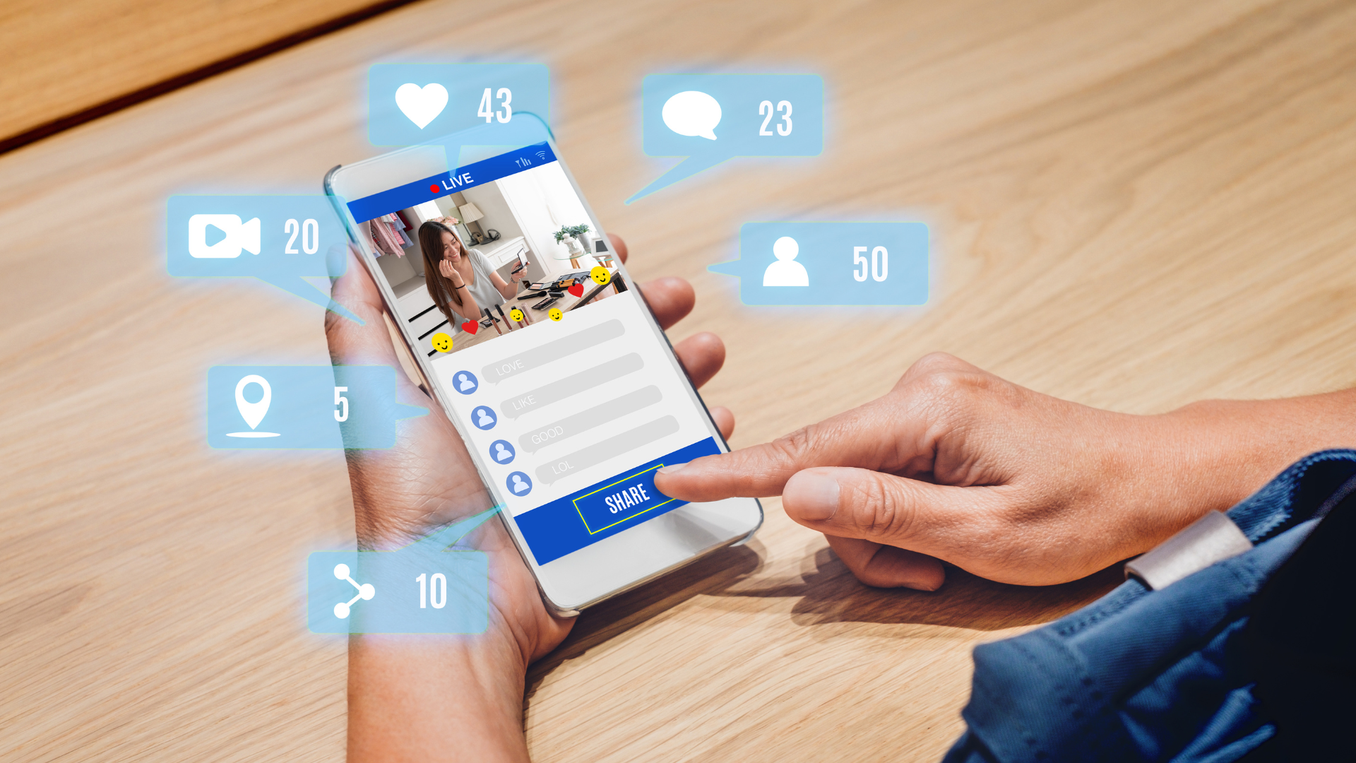 Image of a person holding a smartphone with icons popping out, representing Rawlings Media's expertise in social media management. The icons symbolize various social media platforms, highlighting the company's ability to effectively engage and connect with audiences across multiple channels.