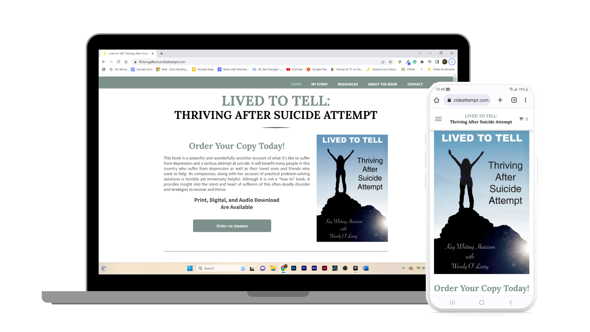 An image showcasing the web design portfolio section of Rawlings Media's work. It features a laptop and a smartphone with the Lived to Tell: Thriving After Suicide Attempt website displayed on their screens. The laptop and smartphone combination highlights the responsive design and cross-platform compatibility of the websites created by Rawlings Media. The Lived to Tell: Thriving After Suicide Attempt website reflects Rawlings Media's ability to design websites that are visually captivating, user-friendly, and effectively convey the author's message. This image represents Rawlings Media's commitment to delivering impactful web design solutions that connect with the target audience and provide an engaging online experience.
