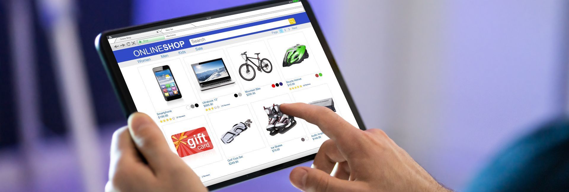 Image of a person holding a tablet, engaged in online ecommerce shopping, representing Rawlings Media's expertise in ecommerce solutions. The tablet screen displays a user-friendly online store interface, showcasing product listings and a seamless shopping experience for customers.