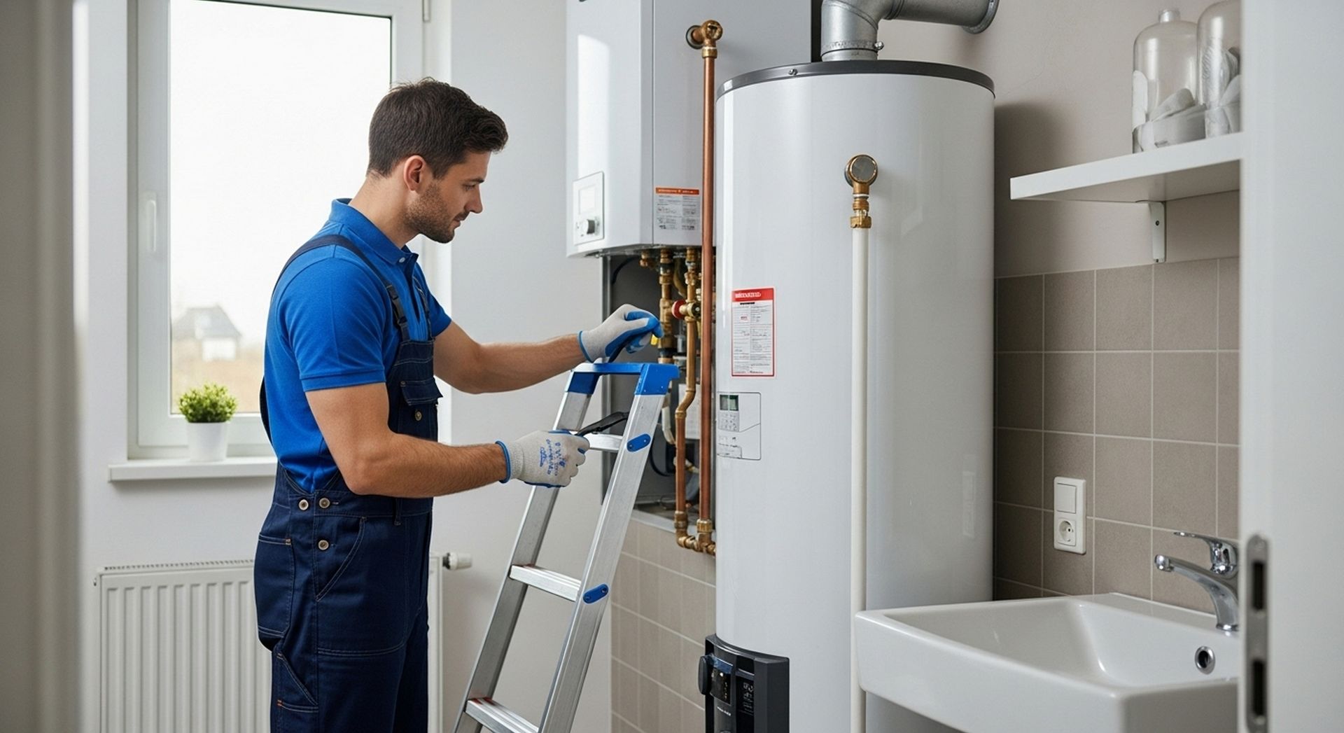 Technician servicing a boiler system using a tool on connected pipes. Technician servicing a boiler system using a tool on connected pipes.