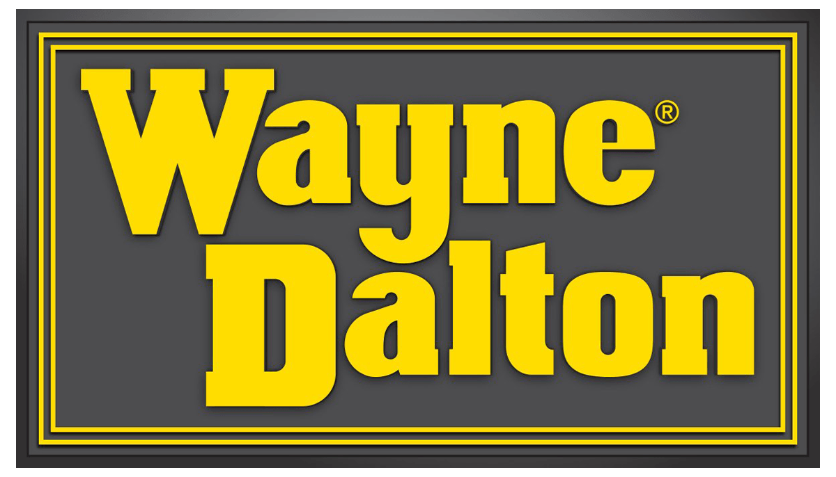 The logo for wayne dalton is yellow on a black background.