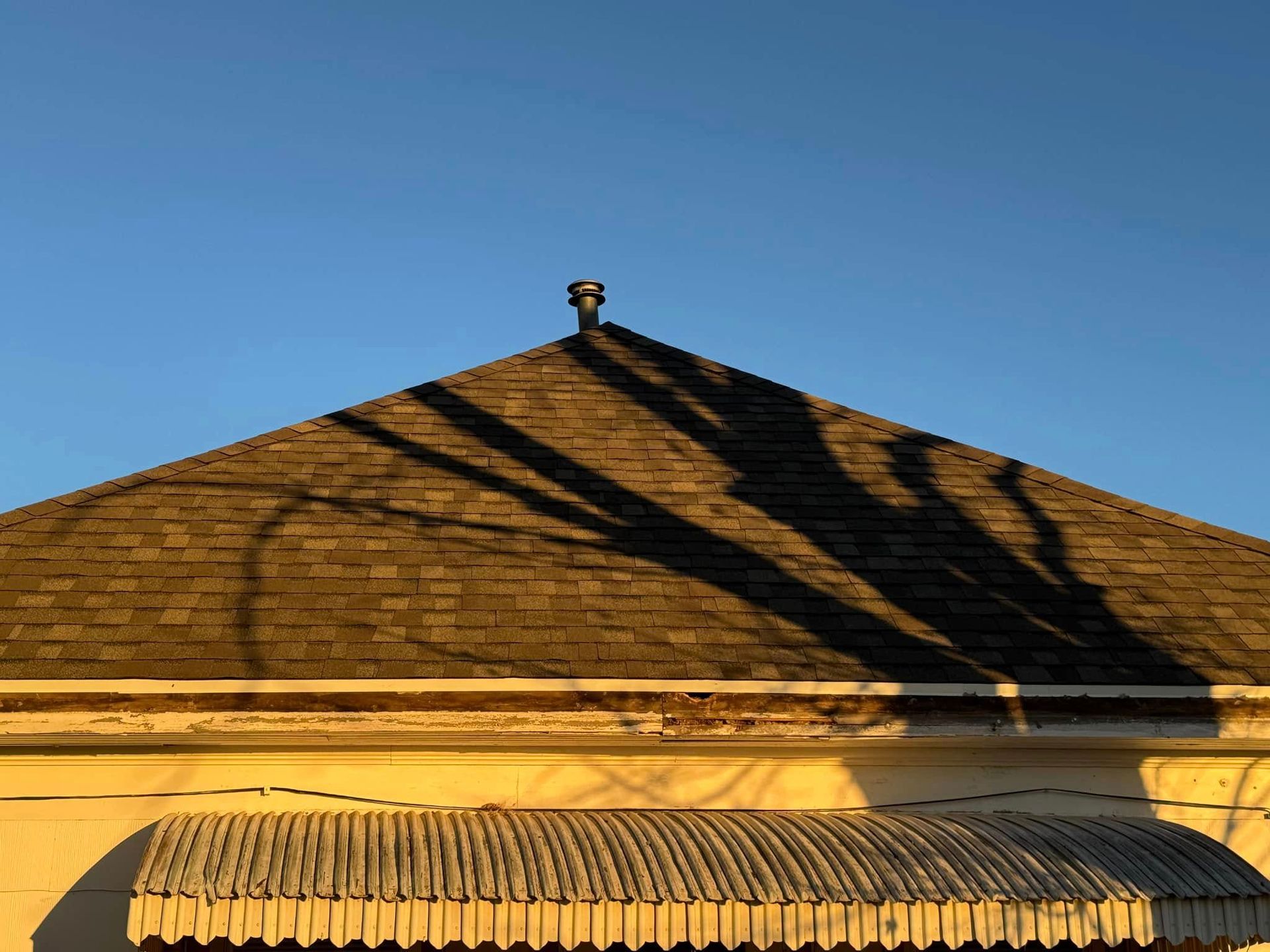 Rooftop with tree shadows cast on it, against a clear blue sky.