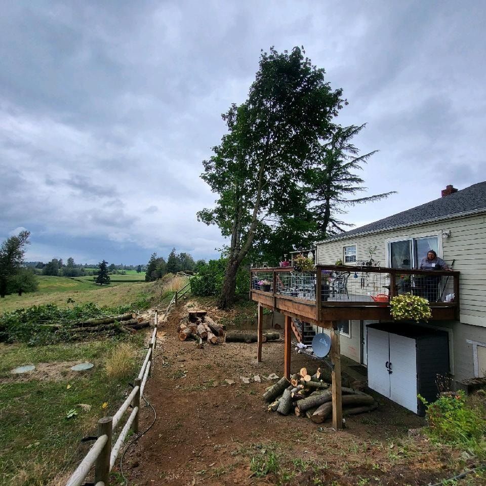 A house with a deck and a fence in front of it