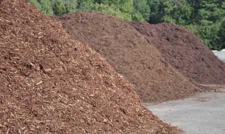 Large piles of brown mulch stacked outdoors beside a paved path, with trees in the background