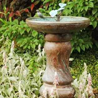 Weathered garden birdbath with two white butterflies, surrounded by lush green foliage and flowers