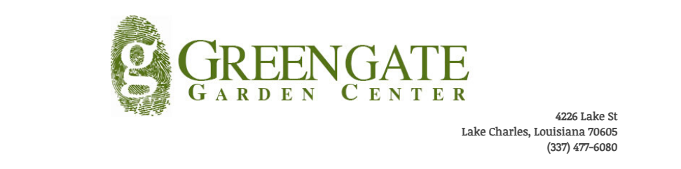 Green Gate Garden Center logo with green stylized “g” and business contact text on white background