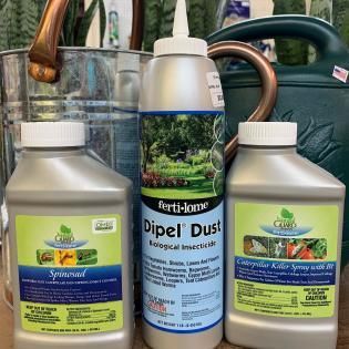 Assorted gardening insecticide bottles and a spray container on a table outdoors