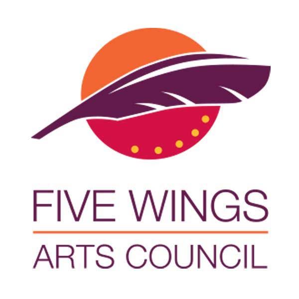 Logo for Five Wings Arts Council: purple feather over orange and red circles, with text below.
