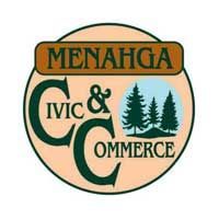 Logo for Menahga Civic & Commerce: tan circle with dark green text and a small forest scene.