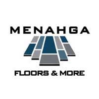 Logo for Menahga Floors & More: black text over graphic of flooring in blue and gray tones.