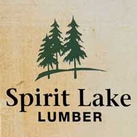 Logo for Spirit Lake Lumber: three green pine trees over black text on a tan background.