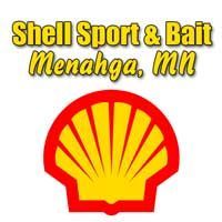 Shell Sport & Bait logo, Menahga, MN, with the Shell symbol in red and yellow.