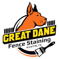 Logo for Great Dane Fence Staining in Austin, TX, featuring an orange Great Dane, fence, and paintbrush.