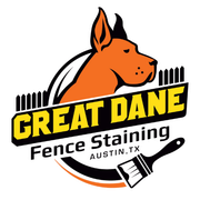 Logo for Great Dane Fence Staining in Austin, TX, featuring a Great Dane dog head, fence, and paintbrush.