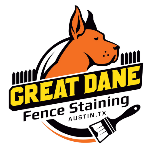 Logo for Great Dane Fence Staining in Austin, TX, featuring a Great Dane dog head, fence, and paintbrush.