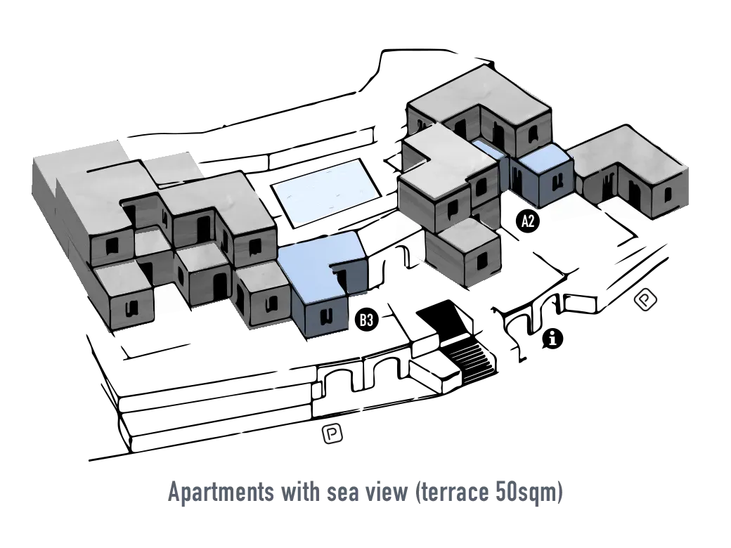 a black and white drawing of apartments with sea view