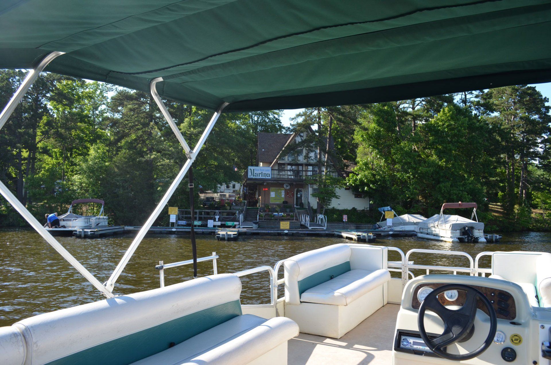 Boat view of marina at High Rock Lake Campground