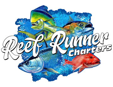 Logo for "Reef Runner Charters" featuring four colorful saltwater fish set against a blue, textured background.