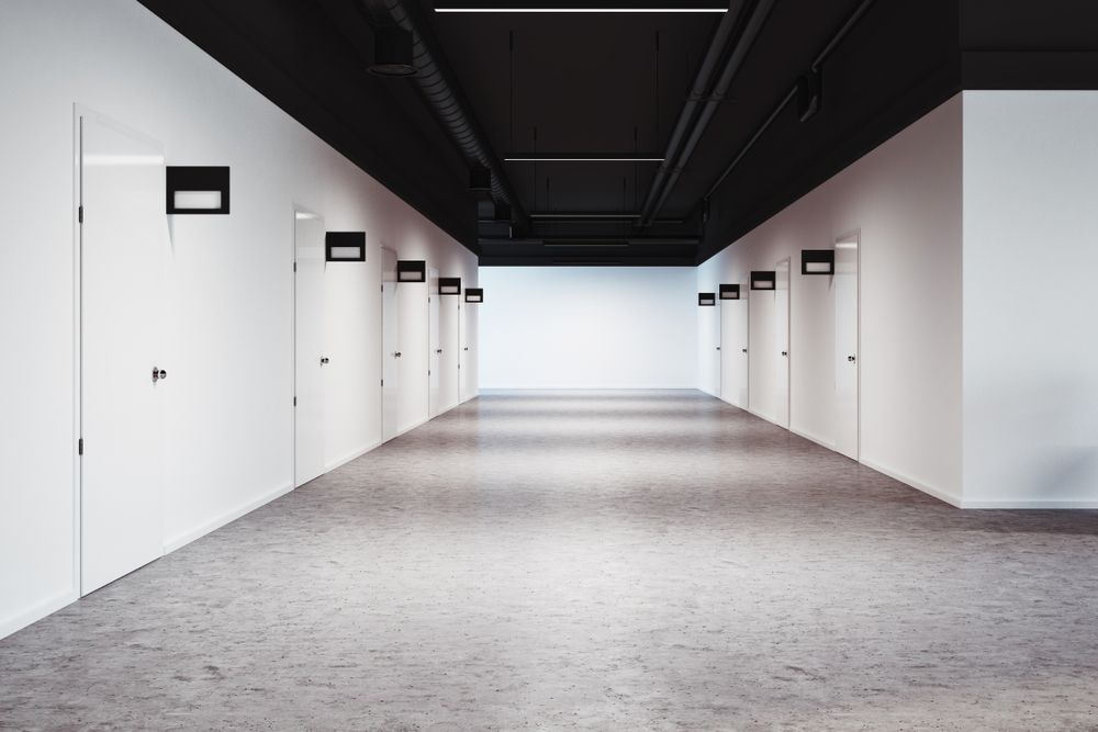 Long Hallway With White Walls and Doors, Black Ceiling — Rowal Constructions in Merewether, NSW