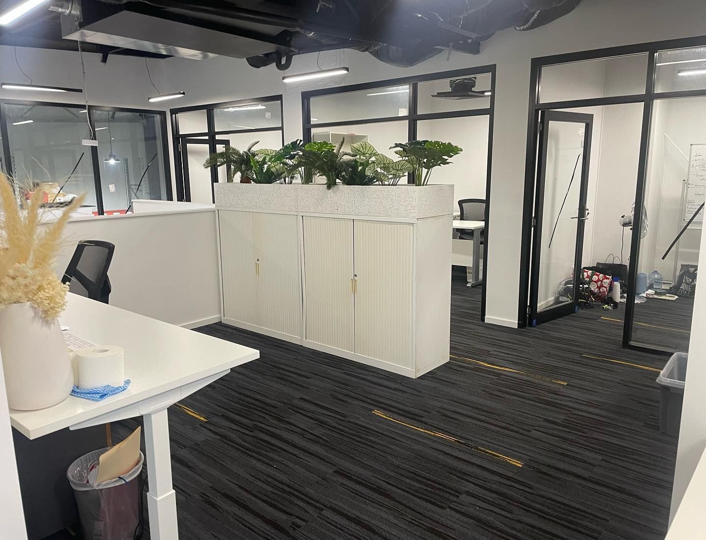 Office Interior With White Desk, Cabinets, Plants, Glass Walls, and Black Carpet — Rowal Constructions in Charlestown, NSW