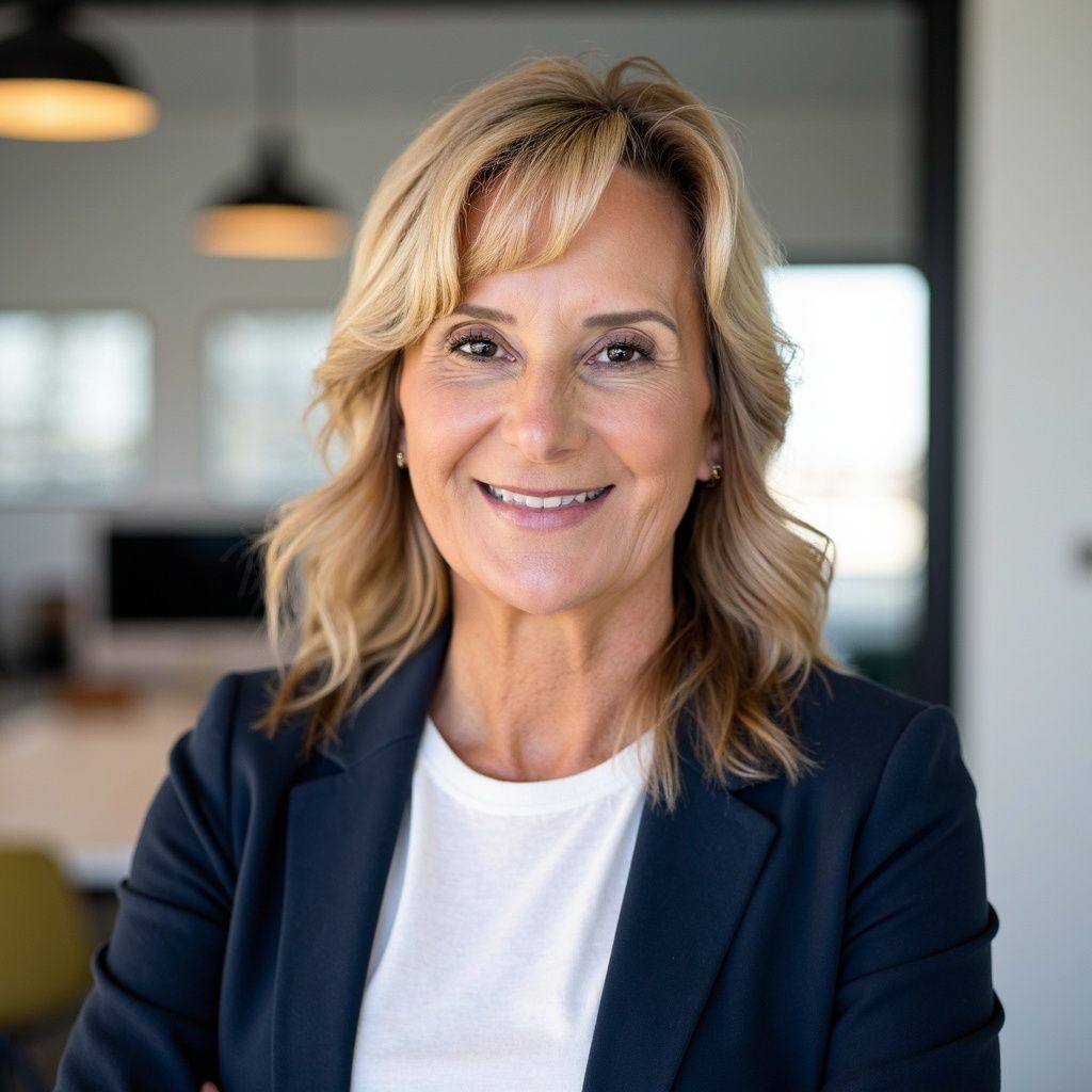 A woman is sitting at a desk with a laptop and a vase of flowers.