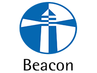 A blue and white logo for beacon with a lighthouse in the middle