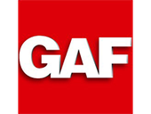 A red background with the word gaf in white letters.