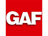 A red background with the word gaf in white letters.