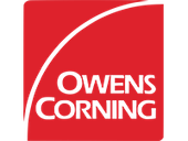 The logo for owens corning is a red square with a white arrow.