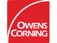 The logo for owens corning is a red square with a white arrow.