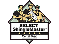The logo for select shingle master shows three men standing next to each other.
