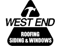 A black and white logo for west end roofing siding and windows.