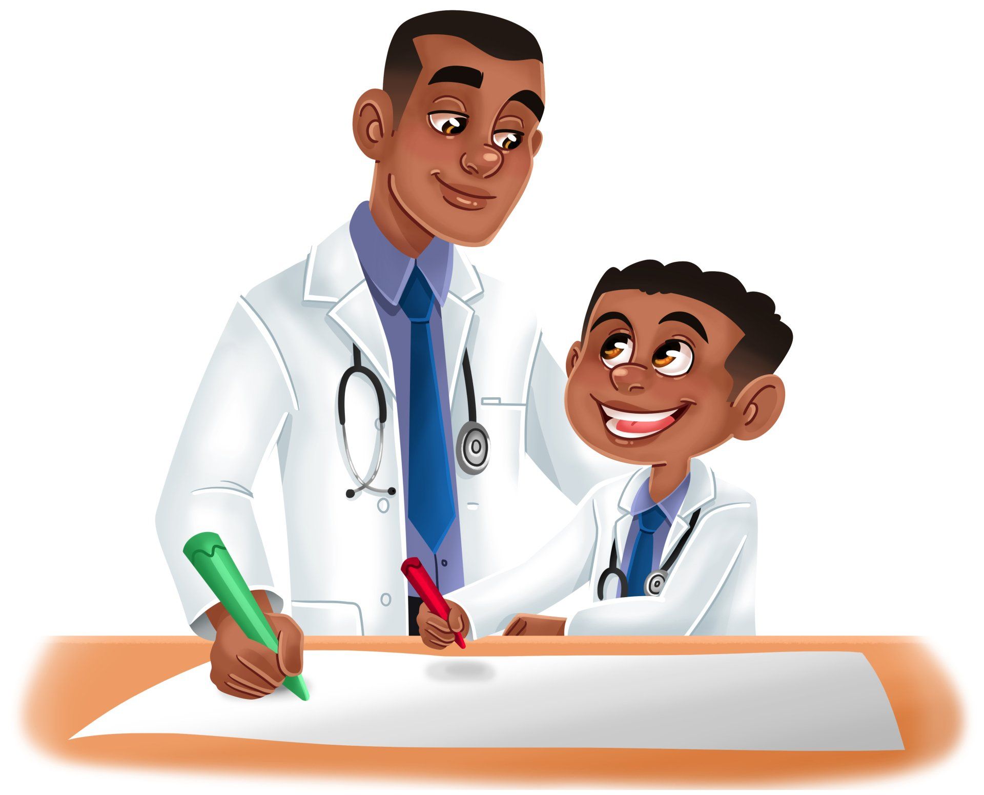 A doctor and a boy are writing on a piece of paper.