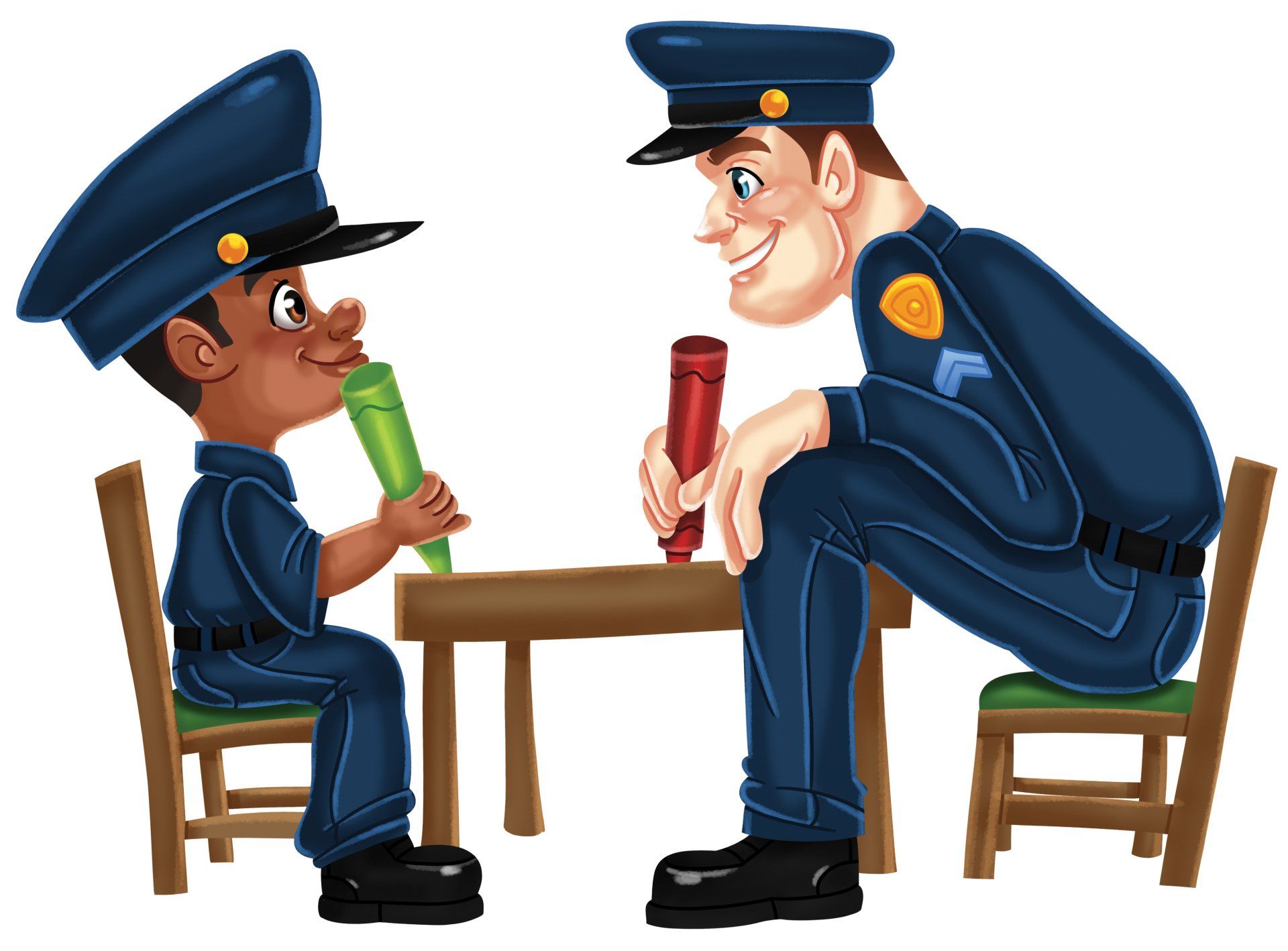 Two police officers are sitting at a table talking to each other.