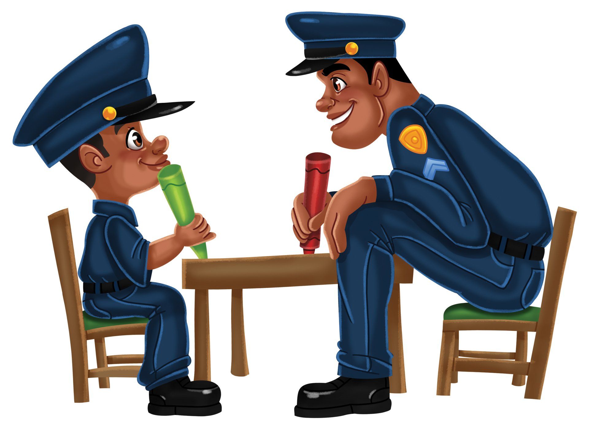 Two police officers are sitting at a table talking to each other.