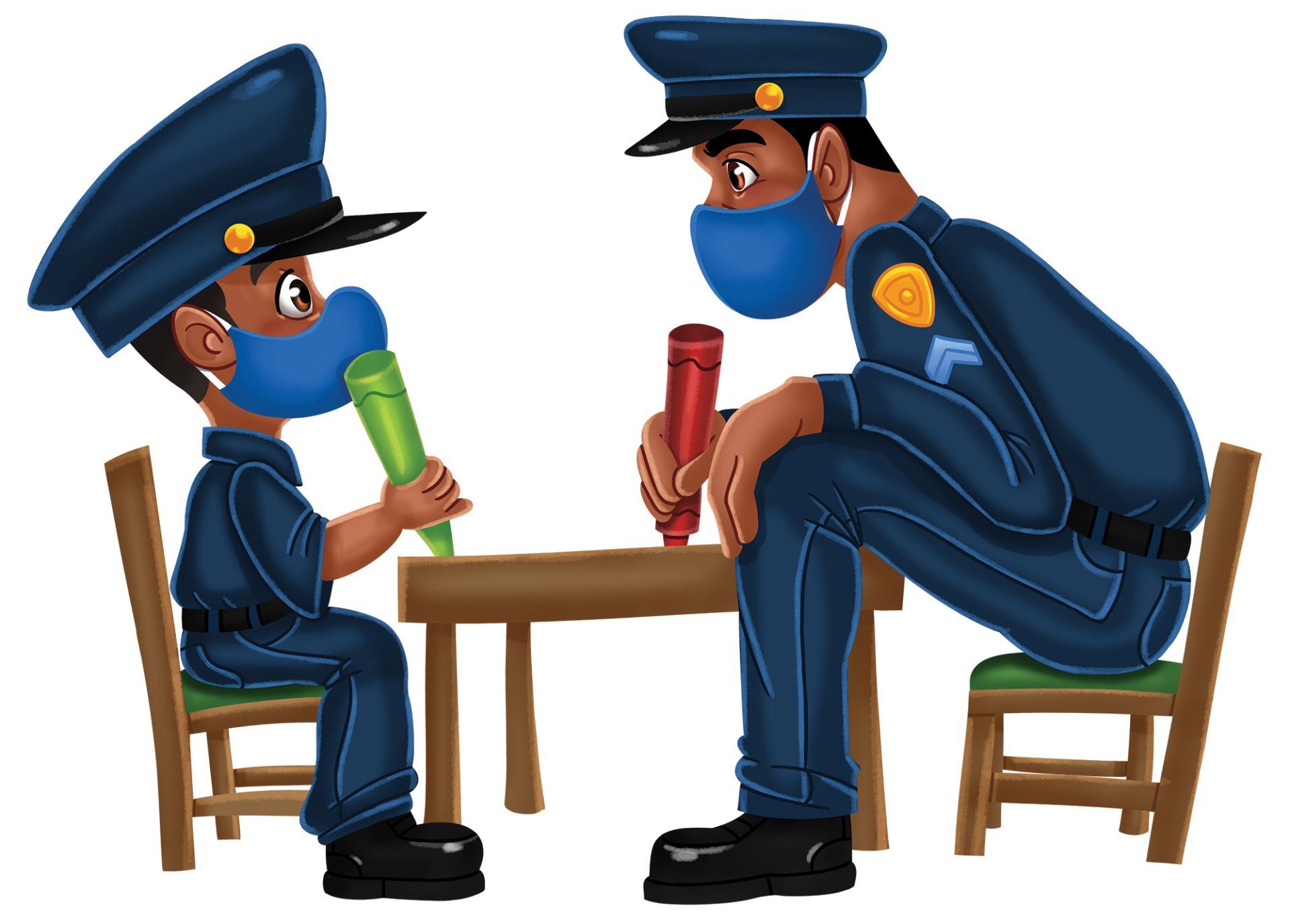 A man and a boy wearing masks are sitting at a table.