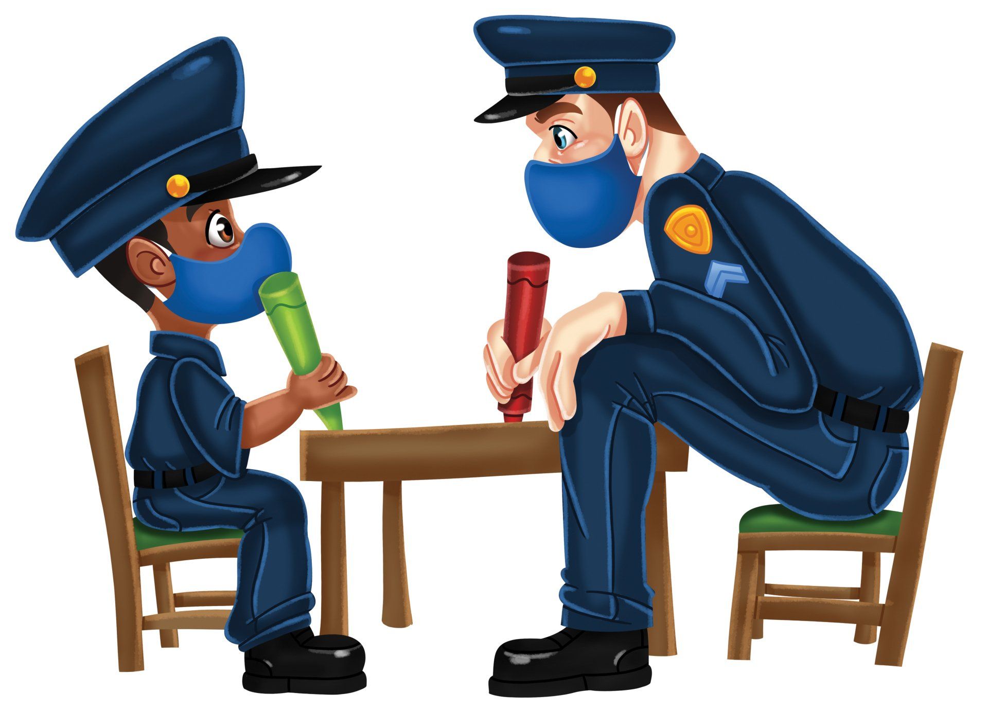 Two police officers wearing masks are sitting at a table with a child.