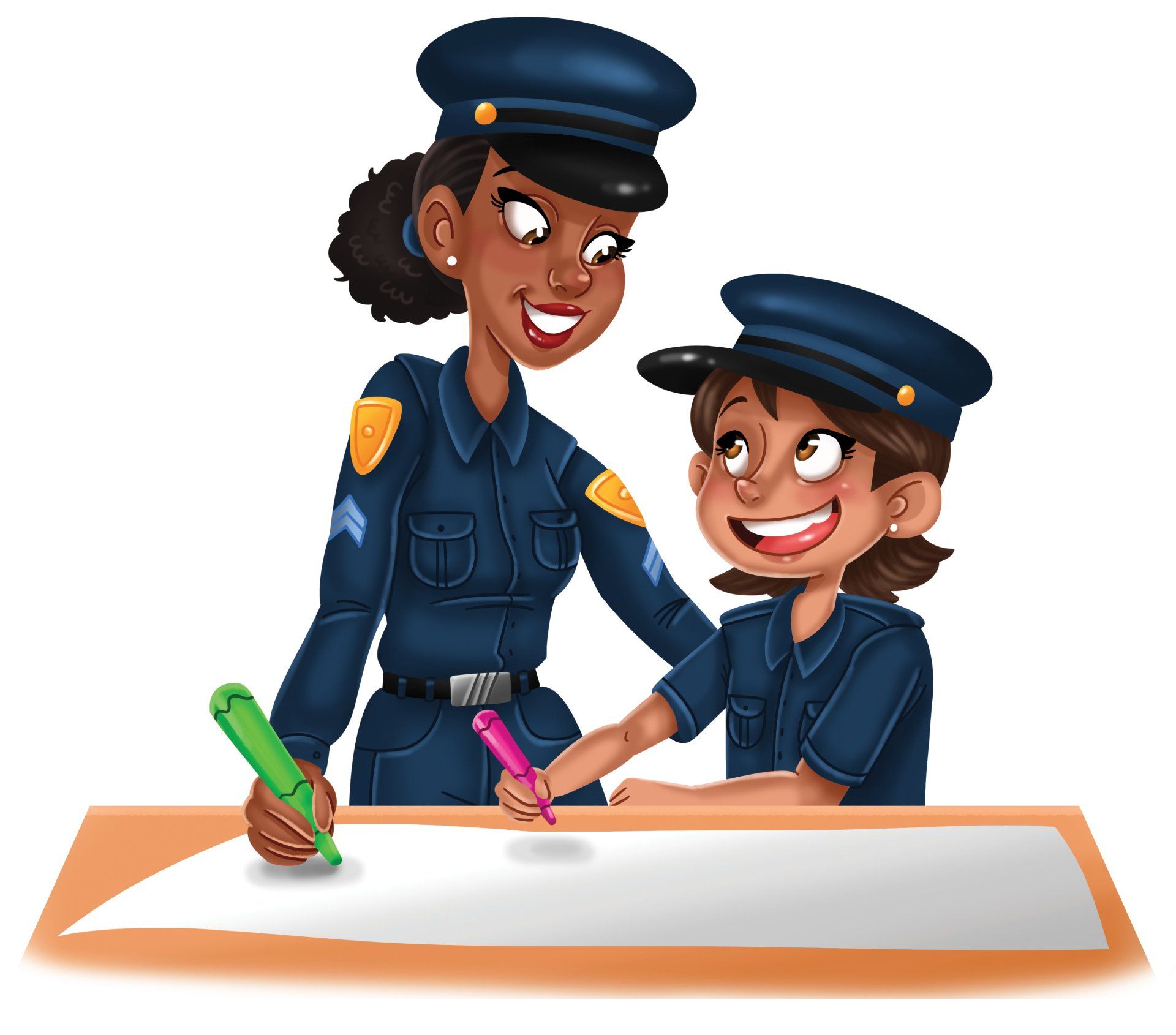 A woman in a police uniform is teaching a child how to draw.